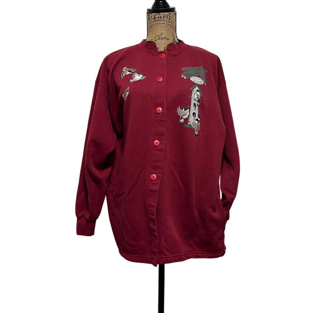 Vintage Bird House 90s Cardigan Burgundy Granny‎ Sweatshirt XL Grandmacore